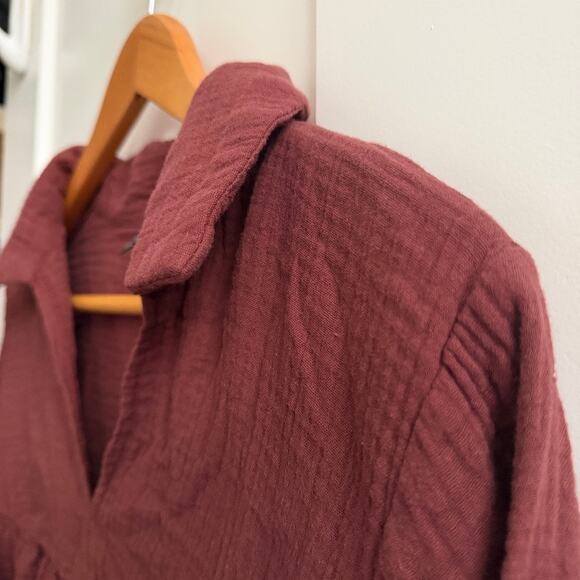 SHEIN Cotton Gauze Peasant Blouse L – Textured Boho Top, Rust Brown, Long Sleeve - Picture 8 of 8